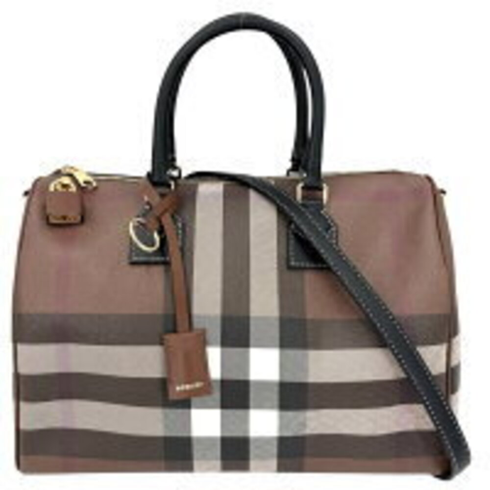 Burberry Check Bowling Bag Handbag Shoulder Crossbody Boston Leather Brown
